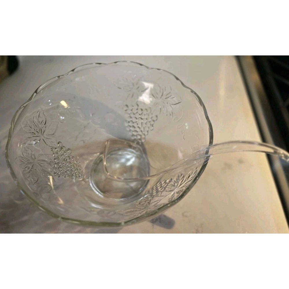 vintage Anchor Hocking clear pressed glass punch bowl featuring the "Harvest...